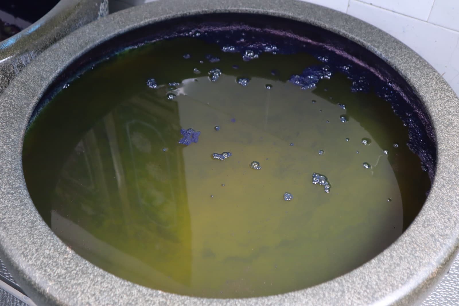 An indigo vat at rest, its surface a still yellow-green