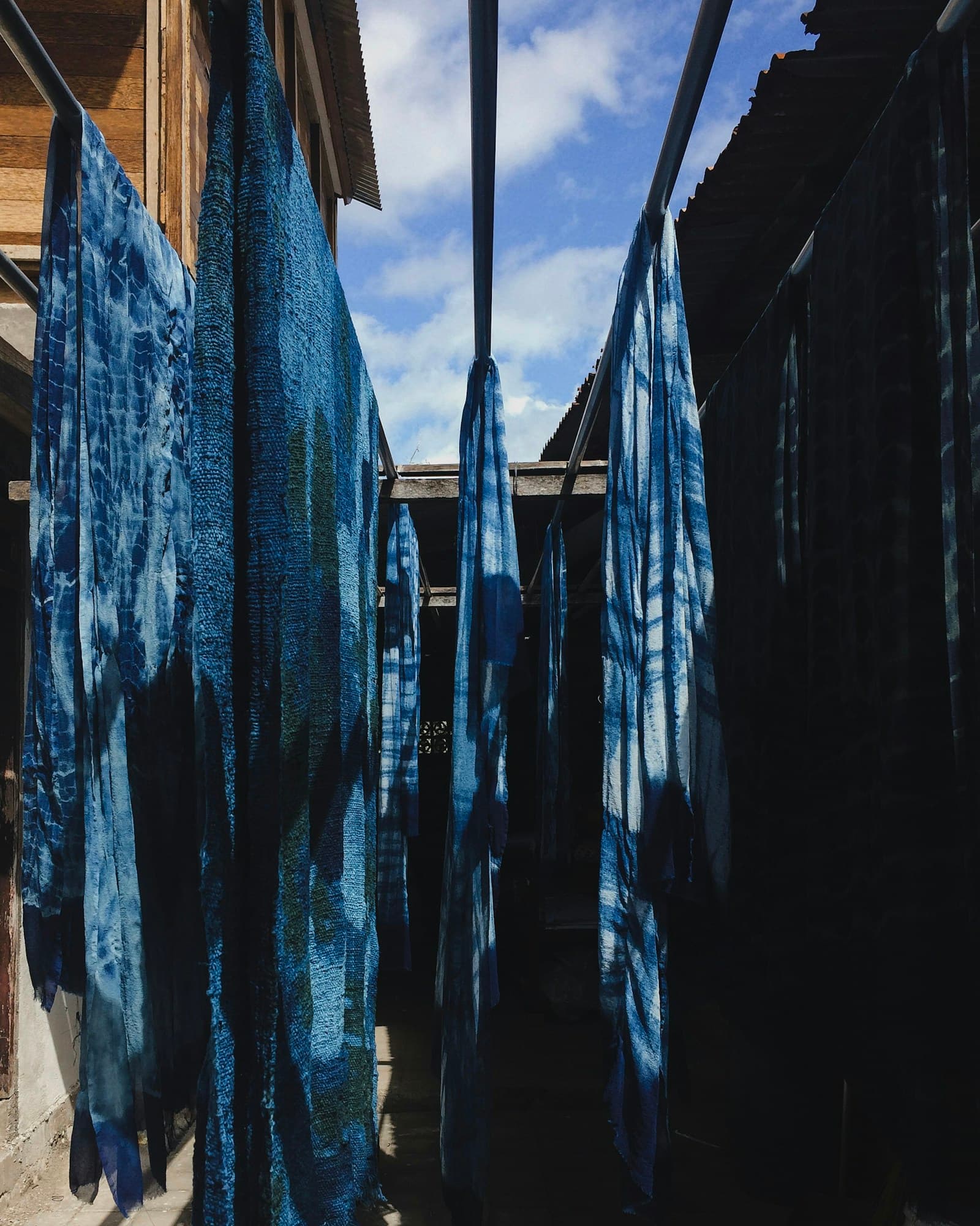 Indigo-dyed cloth hanging to dry